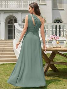 Volly Toych 露肩荷叶边雪纺优雅A字型正式伴娘礼服，适合婚礼宾客 - 橄欖綠 - 查看 3