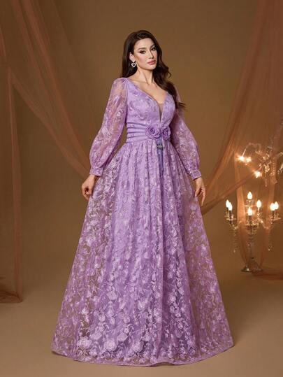 Vestido largo de mujer Mgiacy con encaje lila, bordado floral, cuello en V, mangas farol, corte evasé, elegante para invitada de boda, baile de graduación y festival de verano