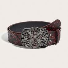 1pc Men's Western Cowboy Vintage Cross Embossed Dark Red Belt, Suitable For Casual Wear, Vintage Style, Boyfriend/Husband/Father/Dad Gift, Daily Wear, Fashion, Teenagers, Outdoor Activities, Vacation, Sports, Travel, Street Style, Graduation Gift, Birthday Gift, Daily Wear - Dark Red Cross - View 6