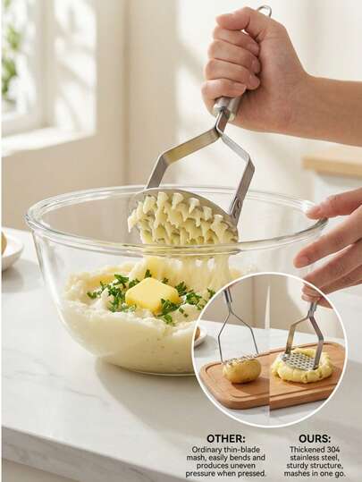 1 pieza Machacador de patatas de acero inoxidable, triturador de alimentos de mano resistente adecuado para puré de patatas, guacamole, frijoles, comida para bebés. Mango ergonómico antideslizante, herramienta de cocina resistente a la oxidación y fácil de limpiar, adecuada para chefs domésticos y personas mayores. Regalo para Acción de Gracias, Navidad, inauguración de la casa. Color aleatorio