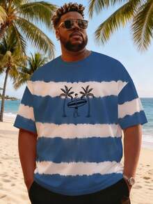 Plus Size Men's Fashionable White & Striped Ombre Print Short Sleeve T-Shirt, Casual Contrast Color Tee With Palm Tree Logo, Versatile For Daily Wear And Workout, Summer - Multicolor - View 8