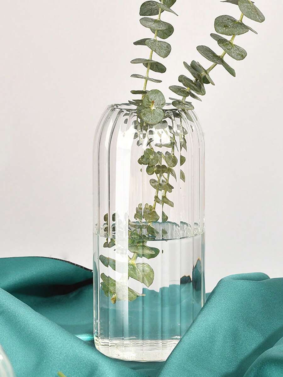 1pc Thick Glass Cylinder Vase, Striped Tall Transparent Vase, Can Be Used As Floating Candle Holder, Suitable For Dining Table Decor, Wedding Home Decoration - Clear - View 1