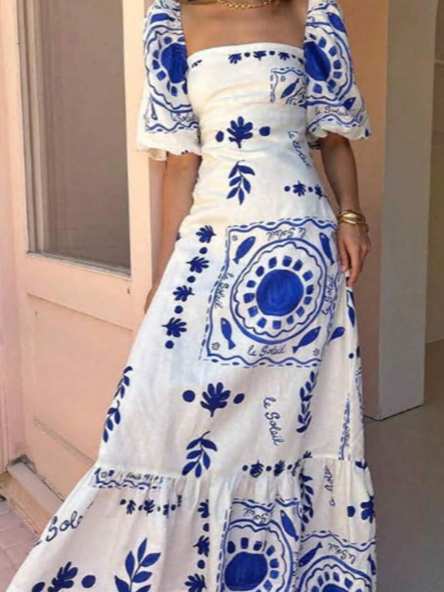 Neutral, Chic, Flowy, Polished, Fresh, Cotton, Everyday. Spring Summer. Event, Street. Bohemian Dress: Puff Sleeve Maxi Fashion - Màu xanh lam - Xem 1