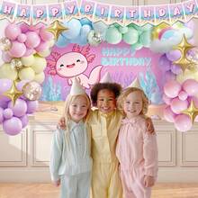 118件套墨西哥蝾螈主题气球拱门套装，包含彩虹云朵和星星铝箔气球，以及粉色、紫色、蓝色和黄色乳胶气球。适用于生日派对、迎婴派对、周岁生日庆祝以及彩虹/墨西哥蝾螈主题派对。 - 彩色 - 查看 7