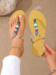 Sandálias rasteiras femininas de verão, feitas à mão com miçangas, estilo boêmio, minimalistas, perfeitas para férias na praia. - amarelo terroso - Ver 6