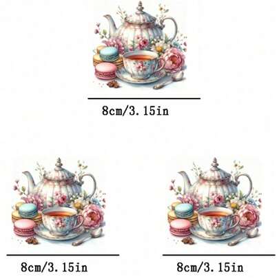 1/2/3 adesivos de transferência térmica com estampa de bule vintage para chá da tarde com macarons, ideais para camisetas, jeans, moletons, bolsas, almofadas (cores sortidas), artesanato para festas, adesivos decorativos, enfeites de roupas e decoração de festas.