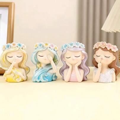 树脂花冠女孩摆件套装，可爱粉彩仙女雕像，家居/办公室桌面装饰，少女房间摆件及礼物