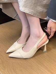 Women's Summer French Elegant Pointed Toe Backstrap High Heels, Nude Beige Slim High Heels For Office & Commute - Pink - View 2