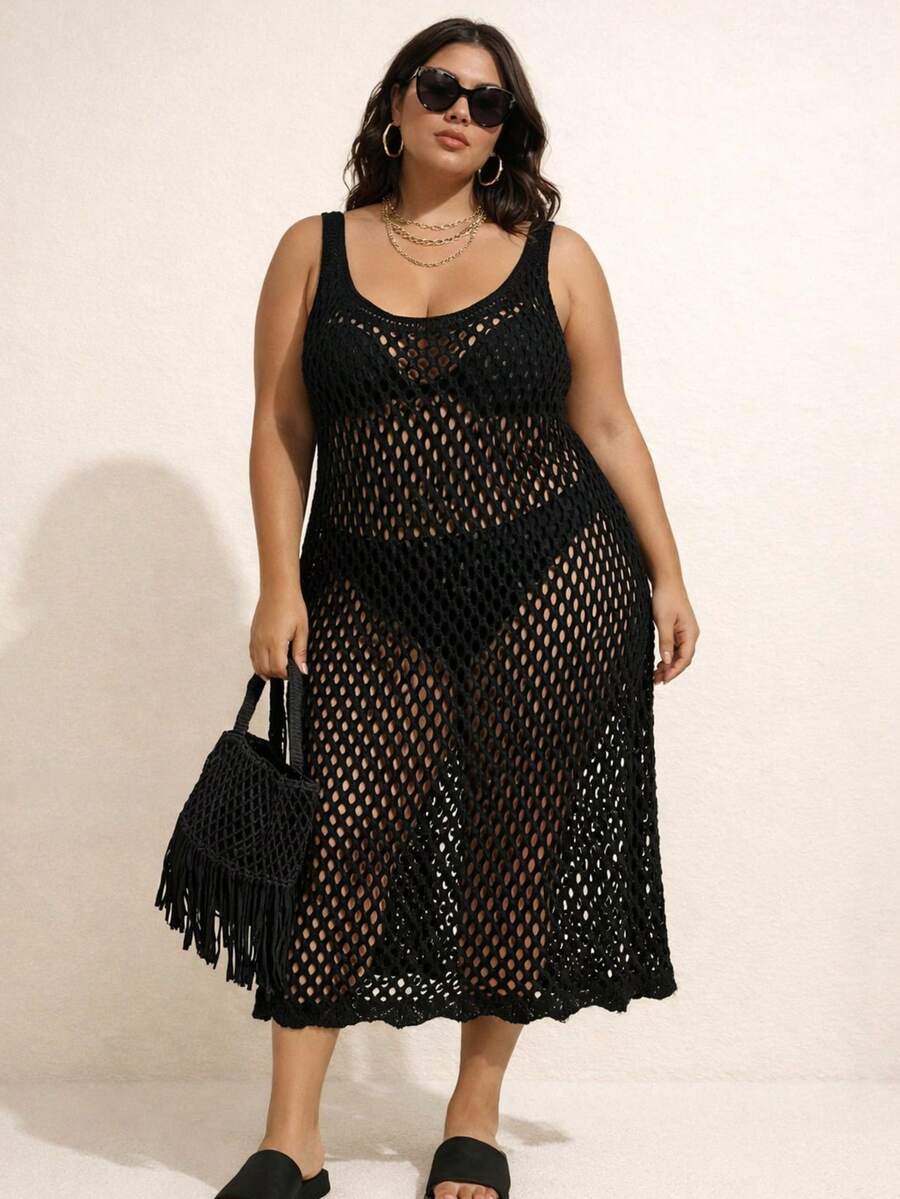 Women's Plus Size Crochet Beach Cover-Up - Elegant, Comfortable,  Summer Fashion 2026 - 黑色 - 查看 1