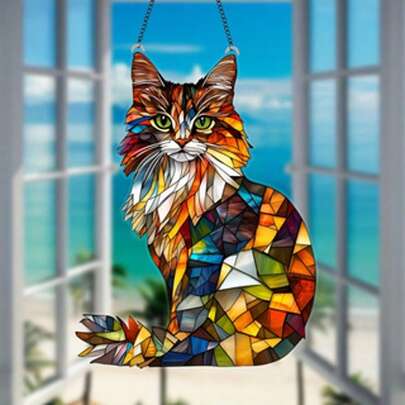 1pc 2D Flat Colorful Acrylic Long Hair Cat Sun Catcher, 6.2 Inch X 8 Inch Animal Themed Wall Decor, Suitable For Kitchen, Farmhouse, Garden, Country Home, Creative Birthday Gift For Animal Lovers