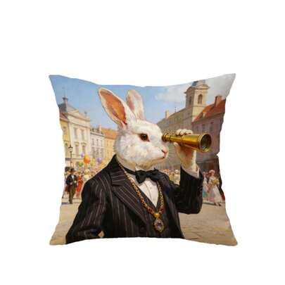 这款两件套材质为桃皮绒的兔子造型抱枕套，兔子身穿西装，手持望远镜，可用于装饰客厅、卧室和家居。