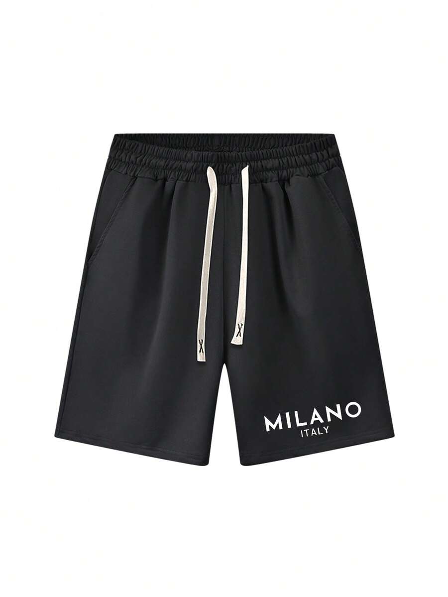 メンズレタープリント ドローストリング ショーツ、ルーズフィット、ファッショナブルなカジュアル休暇屋外ポケット付き弾性ウエストパンツ、仕事、釣り、バスケットボール、ジム、彼氏/夫への贈り物、夏用 - ブラック - チェックする 1