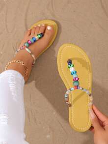 Sandálias rasteiras femininas de verão, feitas à mão com miçangas, estilo boêmio, minimalistas, perfeitas para férias na praia. - amarelo terroso - Ver 5