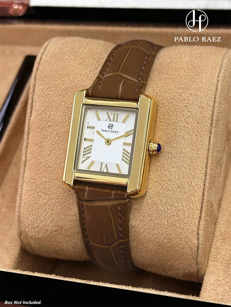 Pablo Raez 1pc 18K Gold Ladies Classic Wristwatch Rectangle Golden Plated Non Tarnish Color Vintage Women Watch Stainless Steel Square Top Brand New Design Dress Quartz Clock Elegant Retro Lady Watch Fashionable White Face With Real Bar &Roman Numeral Scales High Quality AAA Girls Students Popular Wristwatch Comfortable Brown - 均碼 - 查看 1