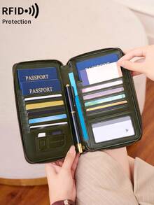 MIYIN 1 pieza Cartera de pasaporte con bloqueo RFID con patrón de avión creativo y bolsa con cremallera, apta para tarjetas de crédito/identificación/dinero en efectivo/pasaportes/vuelos/tarjetas bancarias, cartera de pasaporte multifuncional con cremallera para viajes, adecuada para hombres y mujeres, esencial para viajes, bolsa de viaje ligera, bolsa de equipaje, bolsa de lona, bolsa de noche, organizador de viaje de gran capacidad y durable, esencial para cruceros, vacaciones y viajes para hombres y mujeres - Verde Oscuro - Ver 6