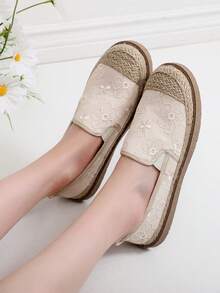女士学院风平底休闲米色渔夫鞋，低帮透气略宽百搭草编鞋 - 米色 - 查看 5