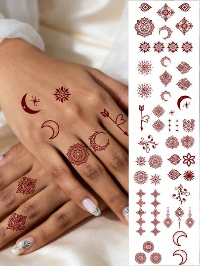 2pcs/Pack Waterproof Moon Design Temporary Tattoo Stickers For Hand & Finger, Fake Henna Tattoos Body Art, Brown Lotus Flower Tattoos For Women Festival, Party Body Decor