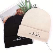 2pcs ECG Embroidered Knit Beanies, Suitable For Everyday Wear - A - View 3