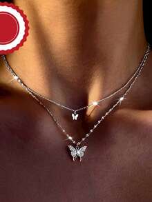 Collar de doble capa de lujo con colgante de mariposa y corazón de diamante de imitación, collar minimalista versátil adecuado para adultos jóvenes - Plateado - Ver 5