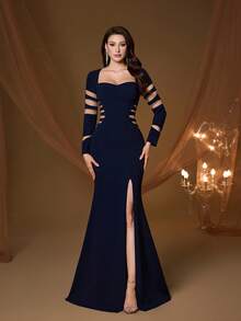 Mgiacy Women's Royal Blue Mesh Cutout Long Sleeve Sweetheart Neck High Slit Mermaid Maxi Dress, Elegant Formal Evening Gown For Summer Wedding Guest, Cocktail Party, Date Night & Vacation - Royal Blue - View 3