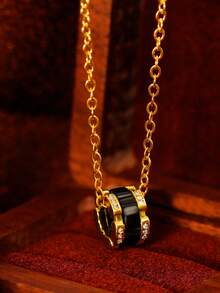 1pc Niche Design Black & Gold Circular Ring Necklace, Versatile Collarbone Chain, High-End Black & Gold Contrast Necklace, Rhinestone Waist Circular Ring Necklace - Gold - View 3