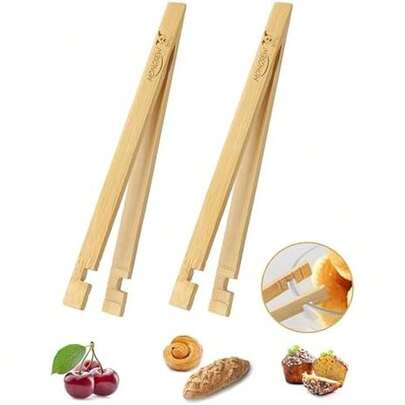 2PCS Wooden Bamboo Toaster Tongs, MONGSEW 8 Inch Multipurpose Wood Tongs For Toaster, Fruits, Bread, Pickles, Cheese, Bacon, And Muffins (Unique Pattern)