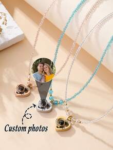 1pc Customized Photo Projection Necklace, Built-In Personalized Heart-Shaped Projection Necklace, "I Love You" Necklace, Customized Stainless Steel Heart-Shaped Pendant Necklace Gift, Christmas Customized Gift, Customized Projection Photo Jewelry, Heart-Shaped Photo Necklace Gift For Girlfriend - Multicolor - View 5
