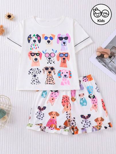 2pcs Cute Sunglasses Dog Cartoon Short Sleeve Shorts Pajama Set, New Summer Casual Sleepwear, Round Neck Tee With Elastic Waist Ruffle Shorts Set, Loose Fit, Cartoon Colorful Dog Print Sleepwear, Suitable For Kids And Teens, Daily Fashion, Party Outfit