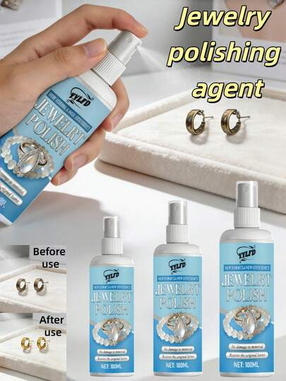 1瓶100毫升珠宝氧化抛光液，有效恢复和保持光泽，保护金银手镯和项链，适用于各种珠宝表面，内含海绵、表面抛光剂、金属抛光液和增亮液，可用于珠宝护理、金属抛光、光泽抛光和维修保养。