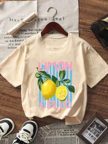 2 pièces/set T-shirt à manches courtes avec imprimé citron pour préadolescentes, convient pour tenue assortie de sœurs/meilleures amies préadolescentes, vêtements d'été - Multicolore - Voir 8