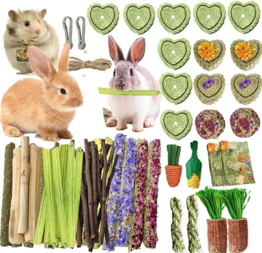 53 piezas Juguetes para roer de conejo de Tyotrbs, juguetes para conejos contra el aburrimiento, palitos de Timoteo, palitos de manzana, bambú dulce, para cobayas, hámsteres, chinchillas, ratas y pequeños animales - ColorD - Ver 1