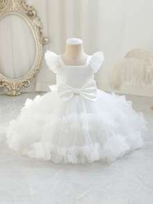 女婴短袖蝴蝶结薄纱酒红色节日派对优雅可爱公主裙，适合作为女婴一周岁生日礼物、宴会、晚宴、特殊场合、节日庆典的礼服。 - 白色 - 查看 5