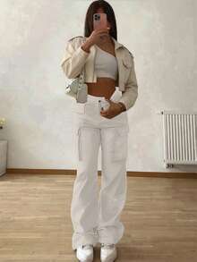 白色弹力腰带口袋时尚复古Y2K休闲可爱阔腿工作裤。舒适百搭，适合机场穿搭、返校、毕业典礼、外出、运动、教师节、俱乐部、生日派对、万圣节、新年、感恩节、音乐会、健身房、度假、商务、街头服饰，春、夏、秋、冬皆宜。 - 白色 - 查看 3