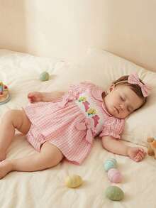 Conjunto de ropa de Pascua para niña bebé, mono de manga corta con bordado de conejito y diadema, ropa para recién nacida - Rosa - Ver 4