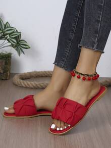 1 Pair Women's Summer Fashionable PU Pleated/Ruffle Edge Beach Sandals, Non-Slip Outdoor Slippers With Soft Soles And Open Toe, Casual Wear - Red - View 5