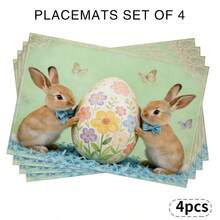 4-Piece Retro Rabbit Placemat Set (4-Piece Set) Suitable For Dining Tables, Washable Table Mat With Rabbit, Easter Egg, Purple Flower And Other Patterns, Rectangular Easter Table Decoration, Suitable For Coffee Tables, Holiday Parties And Spring Table Decoration - Multicolor - View 20