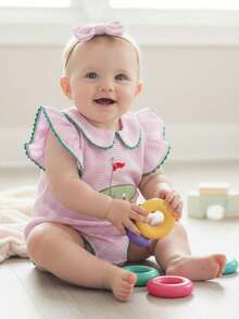 Newborn Baby Boy Golf Clothes Embroidery Sleeveless Bubble Romper Stripe Bodysuit Cute Infant One Piece Summer Outfit - Hồng - Xem 6