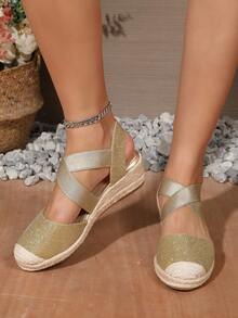 Women's Criss-Cross Elastic Glitter Rope Platform Wedge Shoes - Gold - View 5