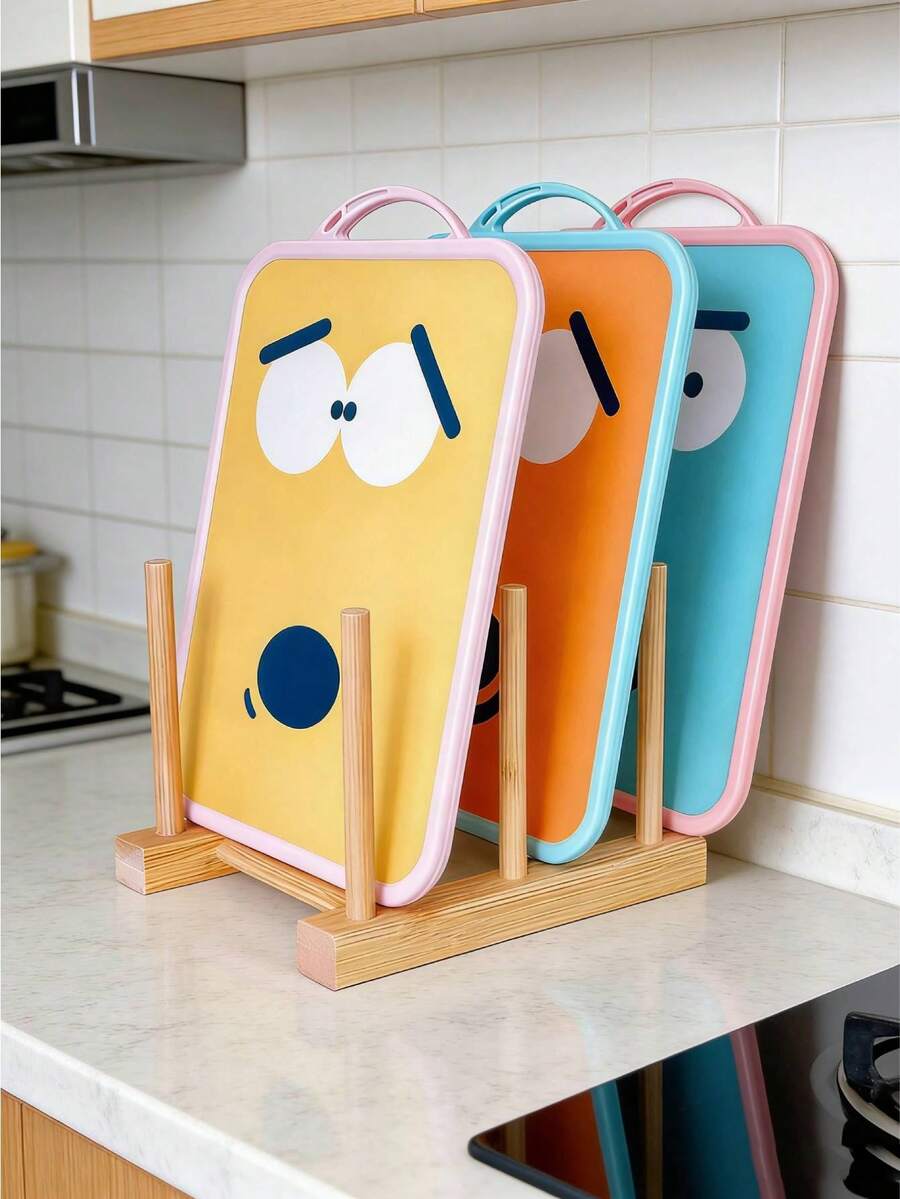 1Set-Wooden Draining Rack+Cartoon Cute Plastic Cutting Board, Dishwasher- Poly Chopping Board For Kitchen Meal Prep With Easy Grip Handle - Multicolor - View 1