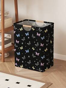 1 pieza Caja de almacenamiento con tapa abierta con estampado de mariposa, cesta de lavandería plegable con asa de madera, cesto de ropa sucia plegable para el hogar y el baño - Multicolor - Ver 14