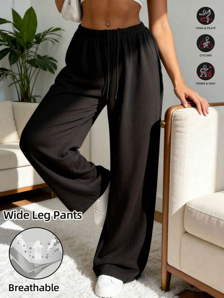Women's Casual Drawstring Wide Leg Pants Spring - Black - View 1