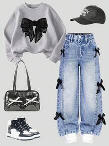 Tween Girl Butterfly Print Crew Neck Long Sleeve Top And Denim Pants Set - Grey - View 1