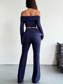 VENORA Women's Sexy Casual Off The Shoulder Crop Top & Flare Pants Two Pieces Outfit, Medium Stretch Long Sleeve Co-Ord Set For Fall - Navy Blue - View 6