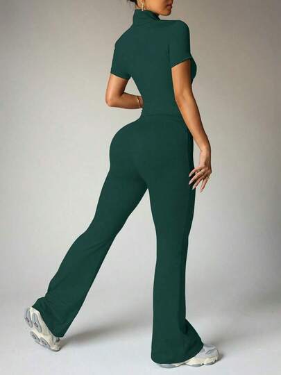 Women's Yoga Workout Set: Short Sleeve Zip-Up And High-Waisted Flare Pants --Wicking, 4-Way Stretch, Suitable Yoga, Pilates, Gym Workouts (Multiple Colors/Sizes Available)