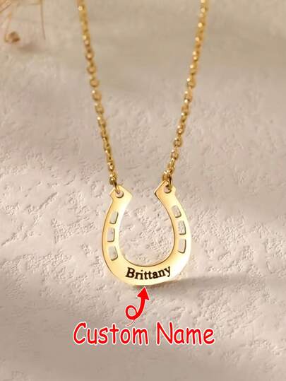 [Custom] Customized Mini Horse Horseshoe Laser Engraved Name Necklace, Minimalist Lucky Jewelry For Women, Horse Riding Gift