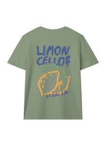 女士夏季新款柠檬图案字母印花圆领短袖T恤，休闲宽松百搭上衣，时尚日常穿着 - 草綠 - 查看 3