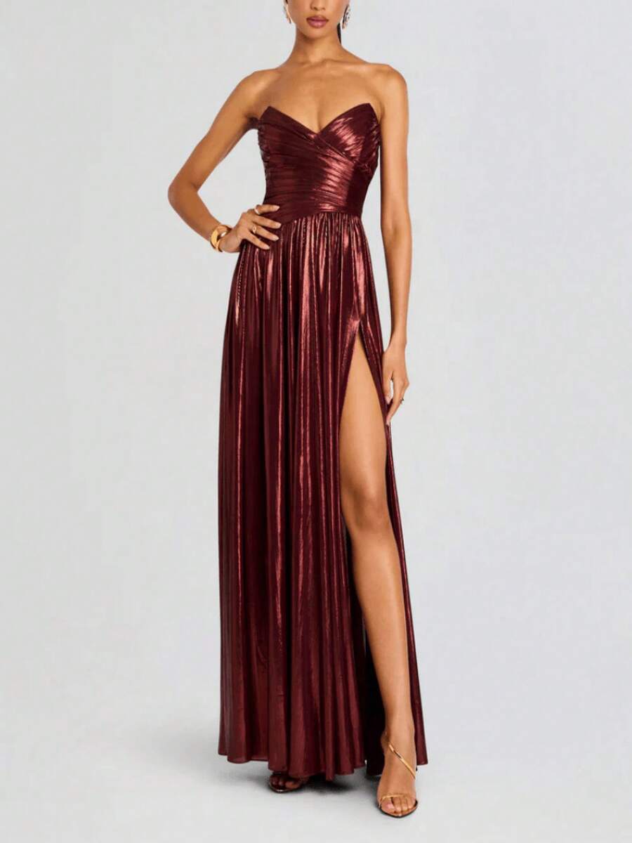 Women's New Metallic Color Strapless Waist-Cinching Sexy Off-Shoulder Dress - 紅色(25352) - 查看 1