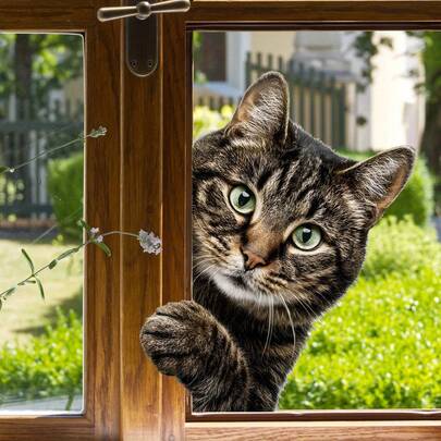 1pc Realistic And Cute Tabby Cat Window Film, Reusable PVC Double-Sided Visible Static Cling Glass Sticker, Suitable For Bedrooms, Bathrooms, Kitchens, And Home Decoration.