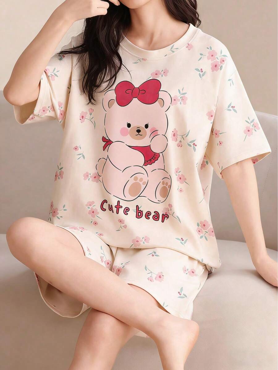 AICJ 2 件女士简约休闲睡衣套装，圆领卡通泰迪熊和花卉印花短袖 T 恤和短裤，适合母亲节、情人节、新年礼物 - 彩色 - 查看 1