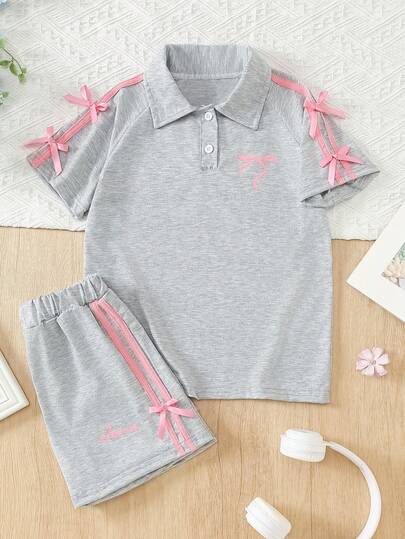 Girls' Summer 2-Piece Outfit, Casual Short Sleeve T-Shirt And Shorts Set With Bow Decor, Oversized For 8-12 Years Old, Loose Fit, Elastic Waist, Soft & Comfortable Fabric, Perfect For School, Holidays And Daily Wear - Great Gift, Outdoor Outfit